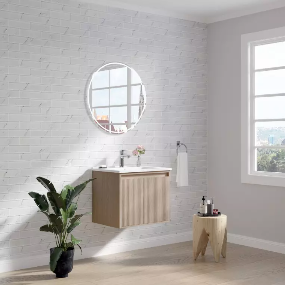 Mena Vanity Coastal Oak With Porcelain Top (Wall Mounted)