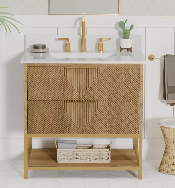 Waymart 30.5 -in Vanity Combo Brown Oak with White Quartz Top