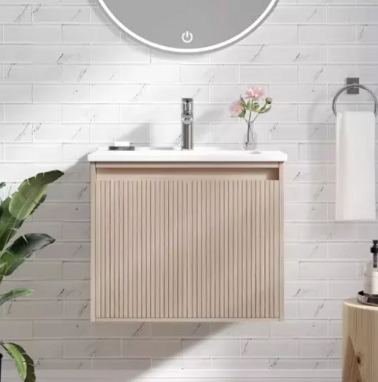 Mena Vanity Coastal Oak With Porcelain Top (Wall Mounted)